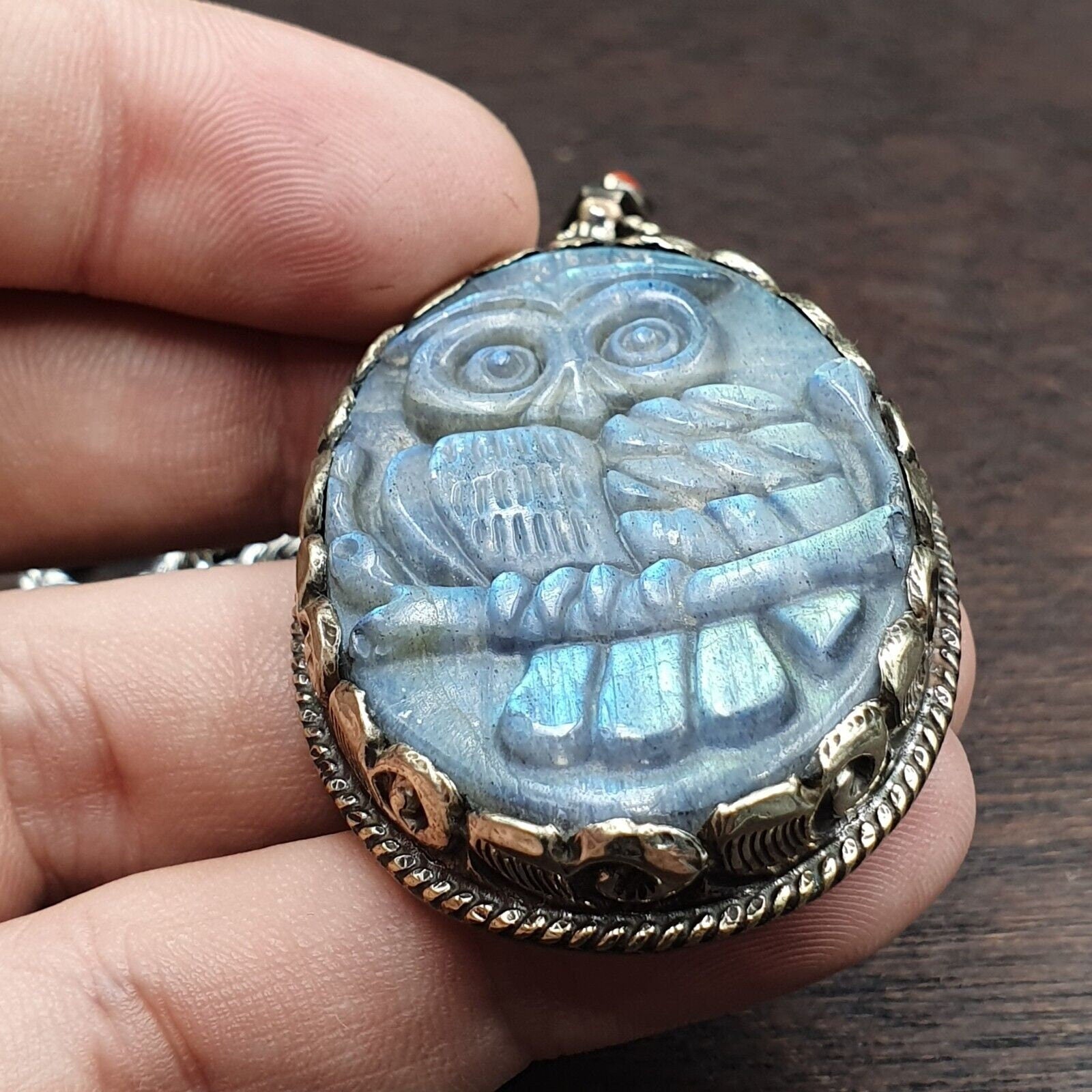 Big men's vintage natural blue fire carving labradorite owl figurine necklace 3