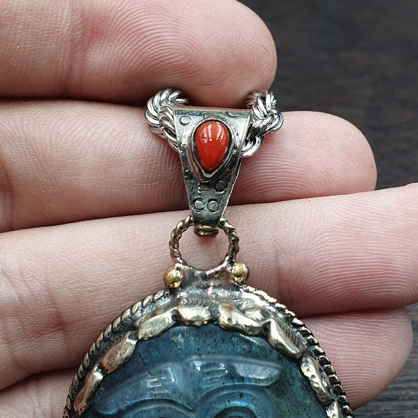 Big men's vintage natural blue fire carving labradorite owl figurine necklace 3