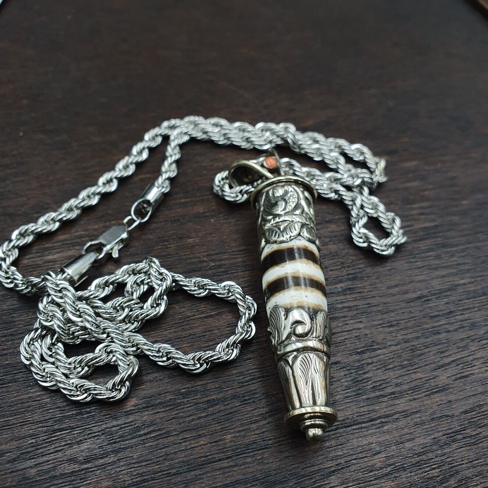 Rare 3 stripes tibetan silver nepalese agate bead dzi pendant necklace