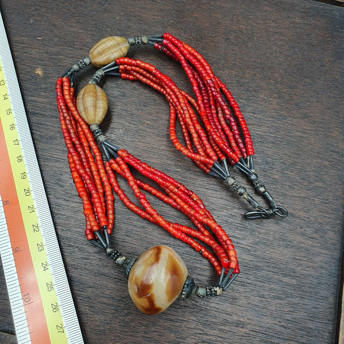 Antique agate, venetian red white heart trade beads antique silver necklace.