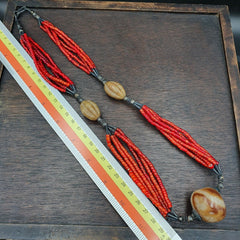 Antique agate, venetian red white heart trade beads antique silver necklace.