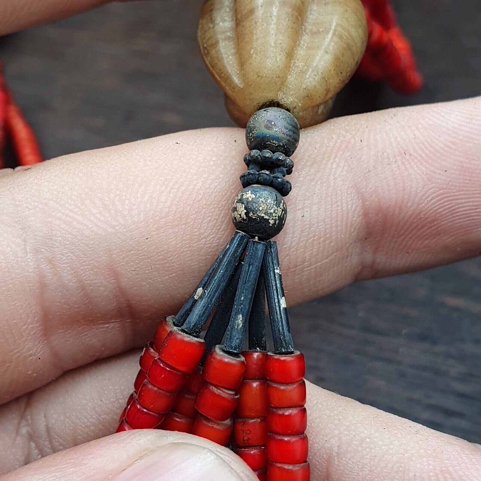 Antique agate, venetian red white heart trade beads antique silver necklace.