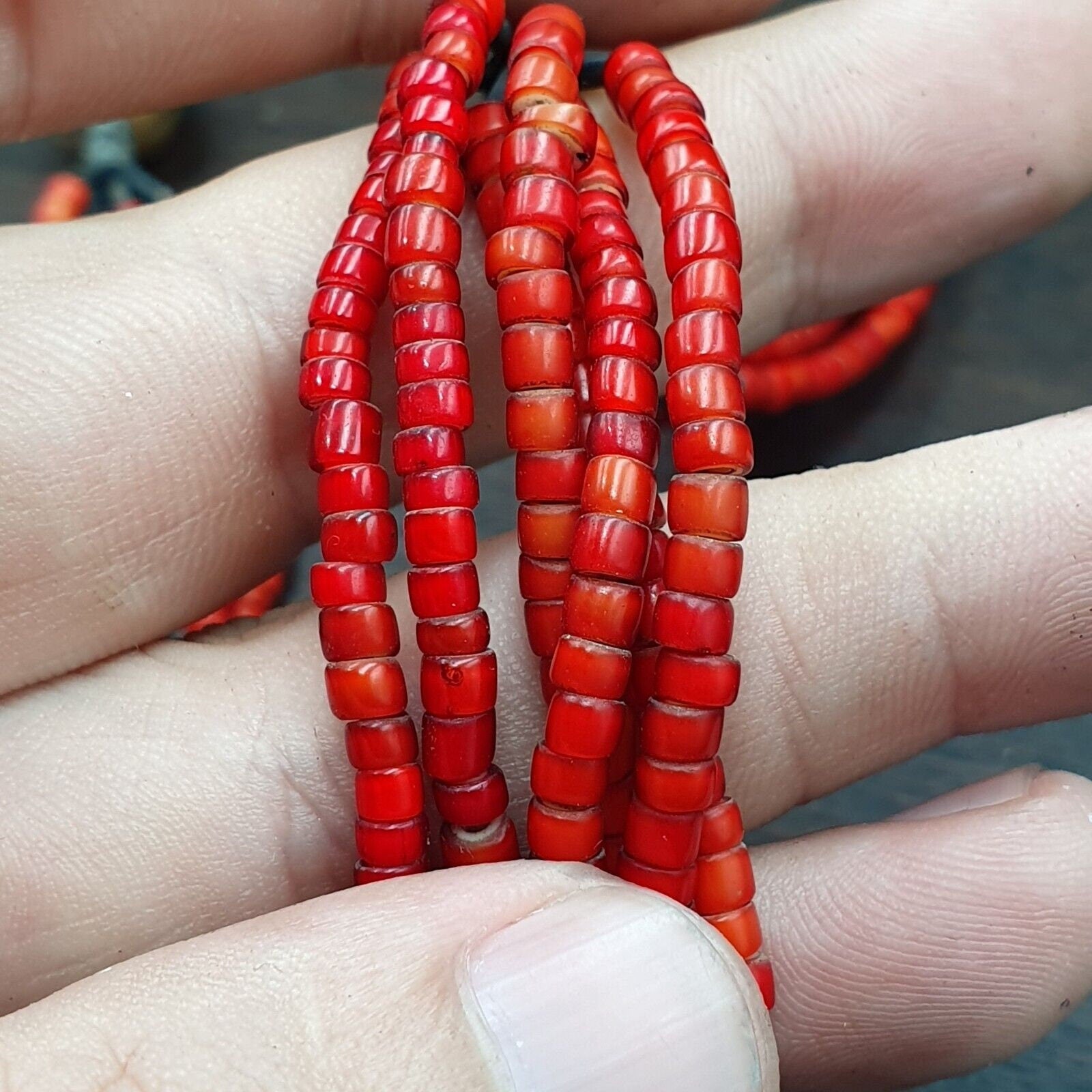 Antique agate, venetian red white heart trade beads antique silver necklace.