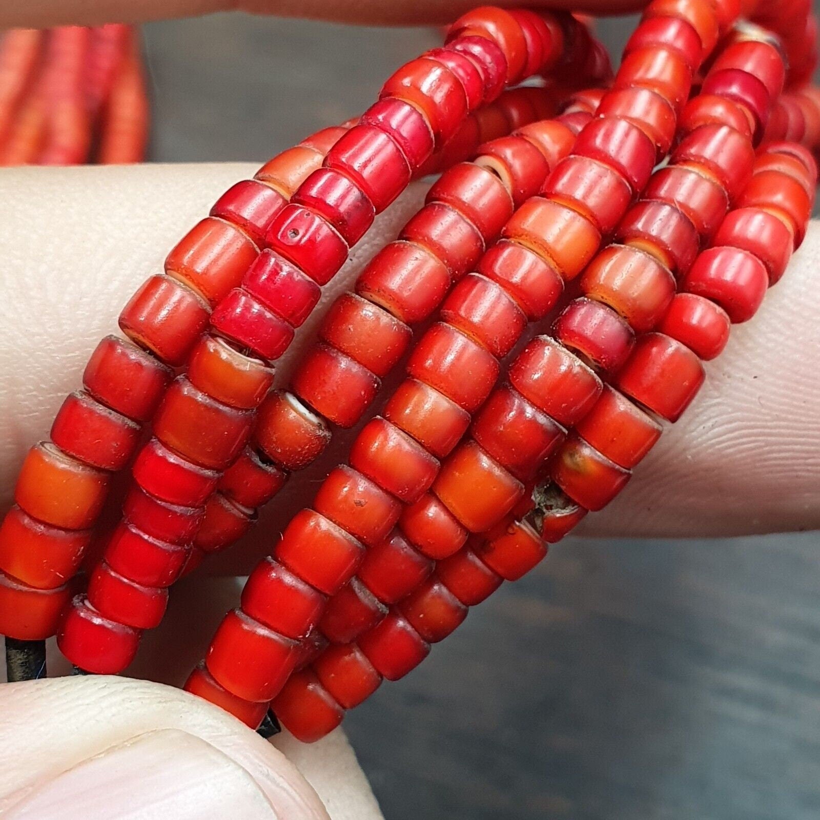 Antique agate, venetian red white heart trade beads antique silver necklace.