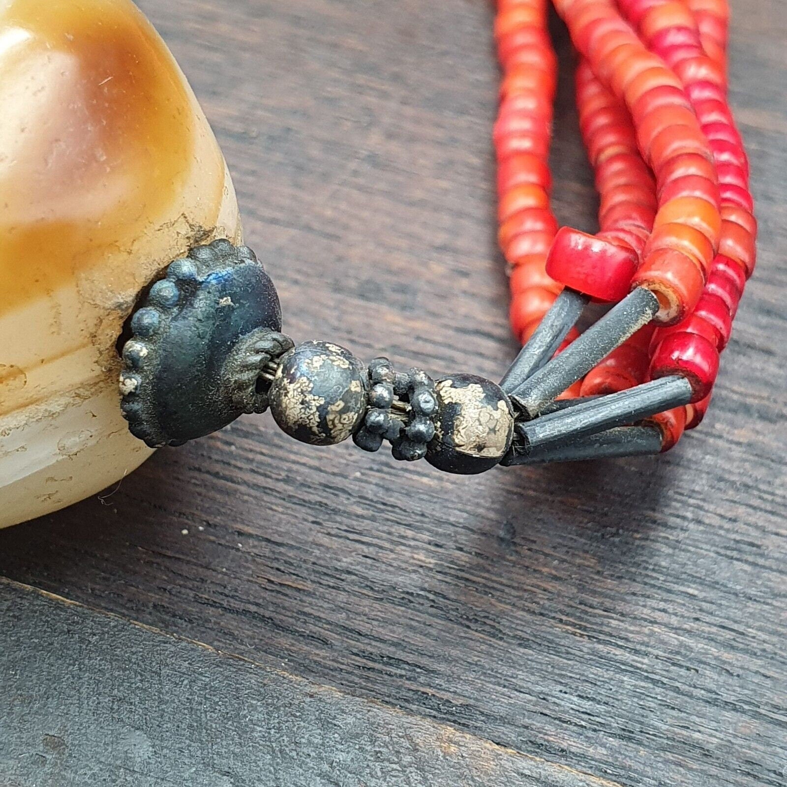 Antique agate, venetian red white heart trade beads antique silver necklace.