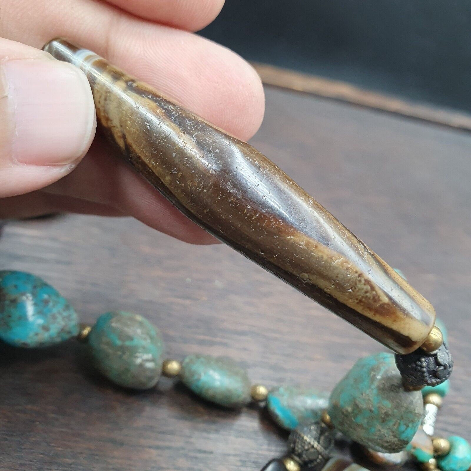 Antique himalayan tibetan agate, turquoise amulet beads necklace trq2