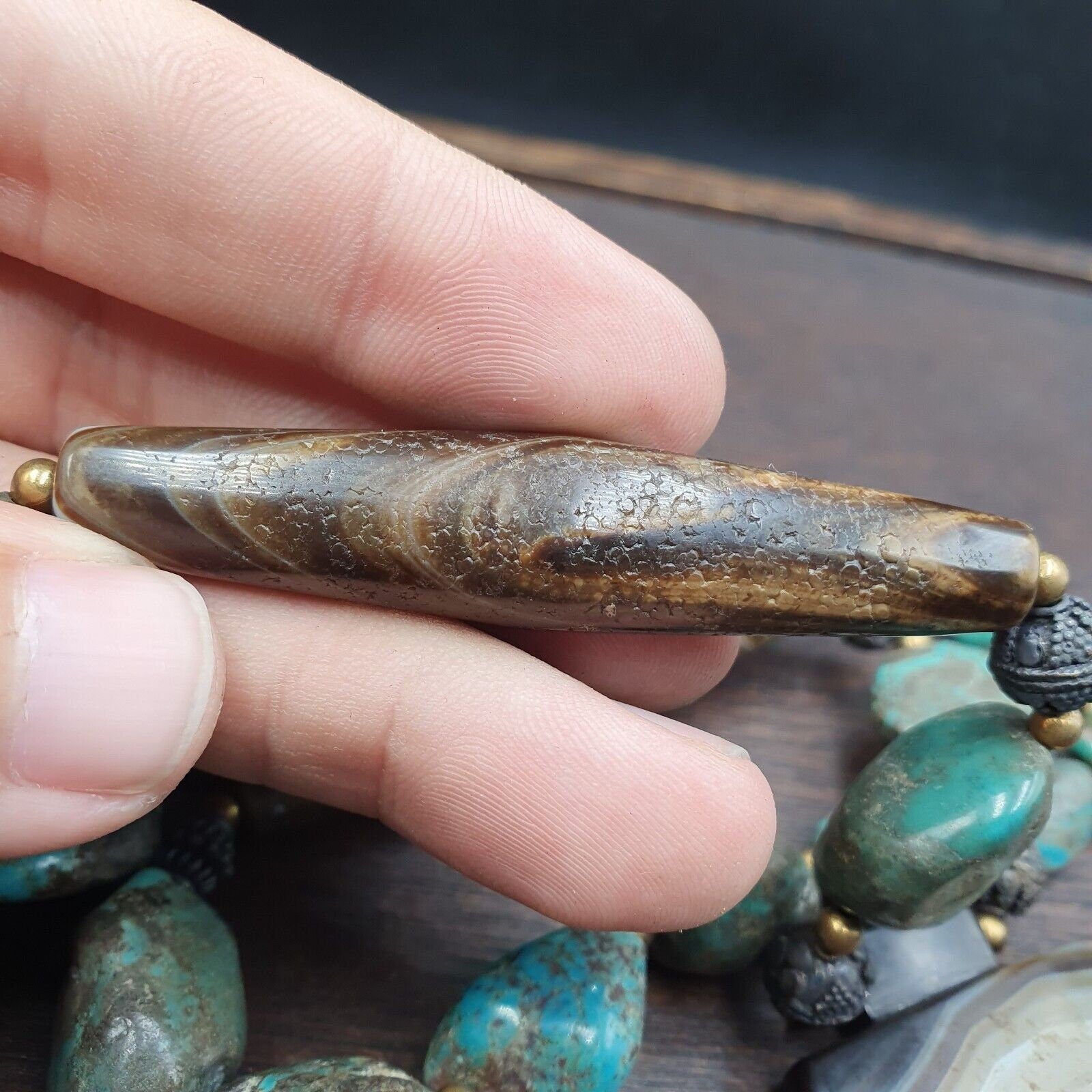 Antique himalayan tibetan agate, turquoise amulet beads necklace trq2