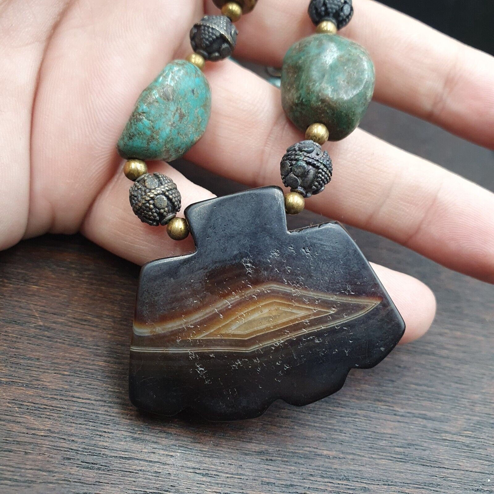 Antique himalayan tibetan agate, turquoise amulet beads necklace trq2