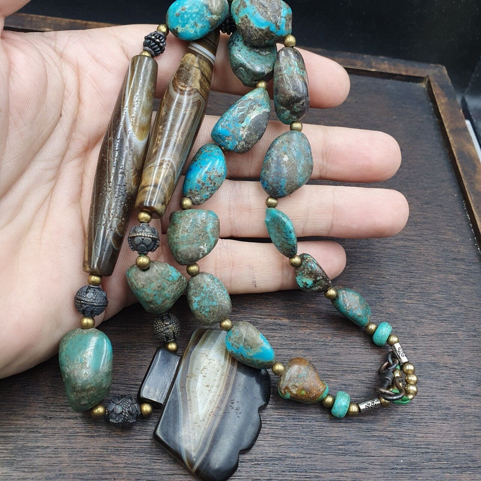 Antique himalayan tibetan agate, turquoise amulet beads necklace trq2