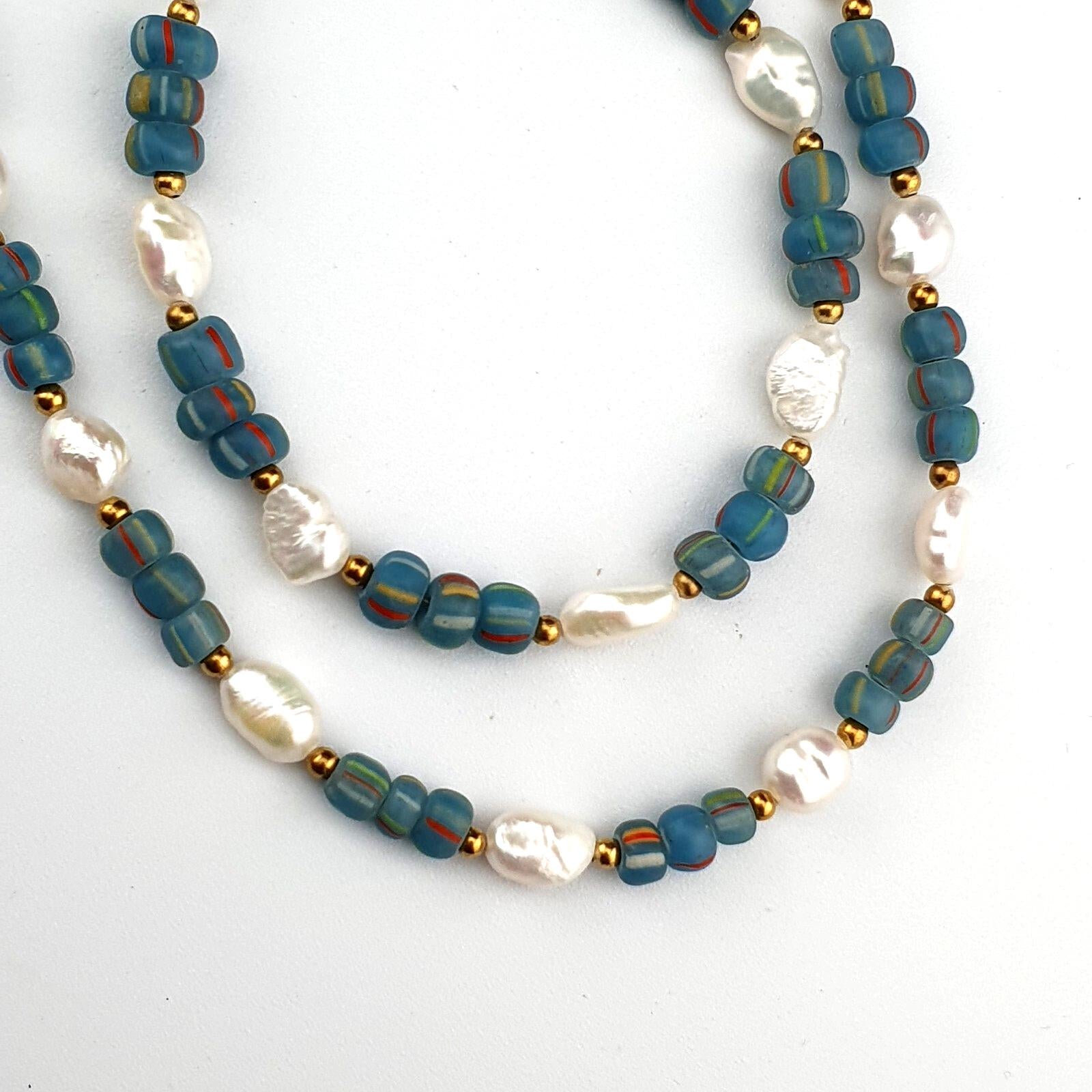 Freshwater Pearl & African Glass Beads Necklace and Bracelet Set 18" Handmade Jewelry Gift for Women Gift for her