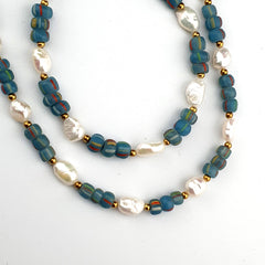 Freshwater Pearl & African Glass Beads Necklace and Bracelet Set 18" Handmade Jewelry Gift for Women Gift for her