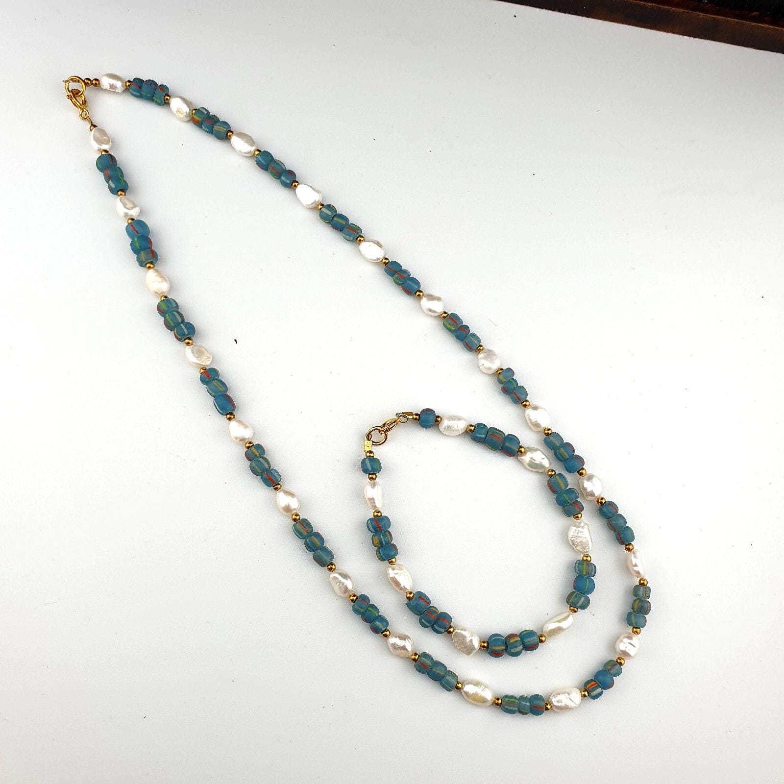 Freshwater Pearl & African Glass Beads Necklace and Bracelet Set 18" Handmade Jewelry Gift for Women Gift for her