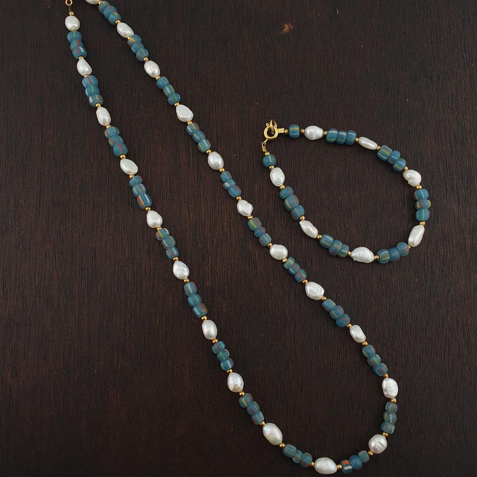 Freshwater Pearl & African Glass Beads Necklace and Bracelet Set 18" Handmade Jewelry Gift for Women Gift for her