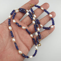 Freshwater Pearl & Blue Glass Beaded Necklace Bracelet Set: .925 Silver
