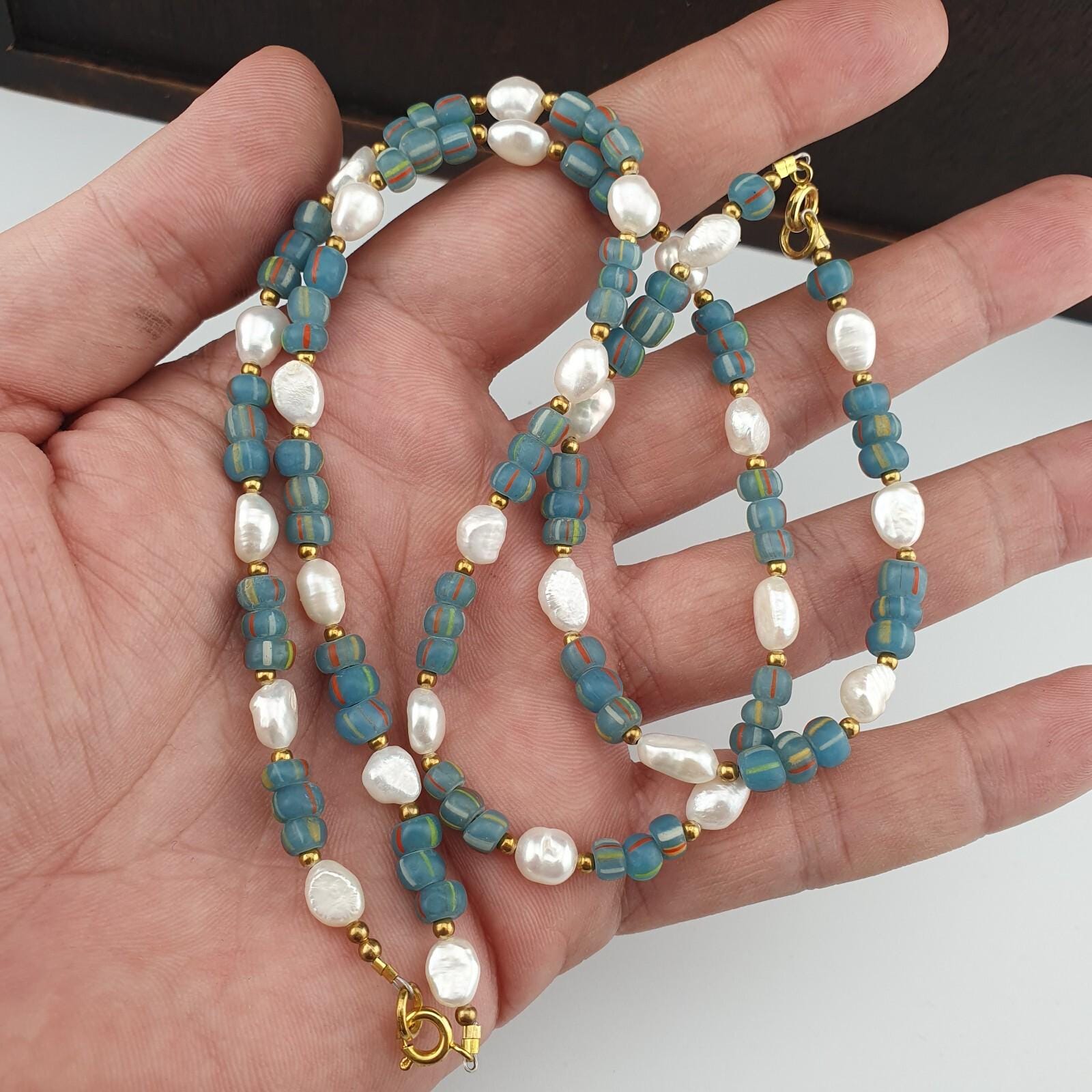 Freshwater Pearl & African Glass Beads Necklace and Bracelet Set 18" Handmade Jewelry Gift for Women Gift for her