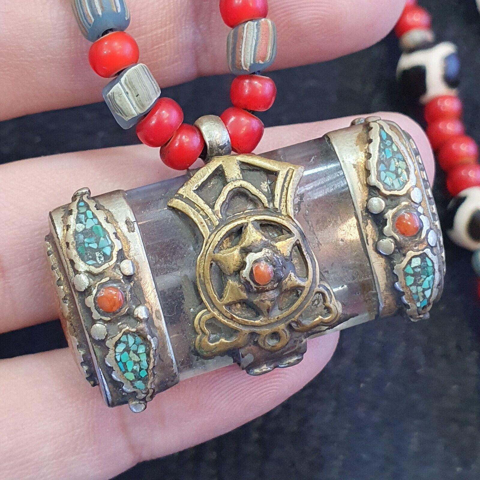 Antique Tibetan Quartz Pendant Necklace: Agate & Turquoise Beads