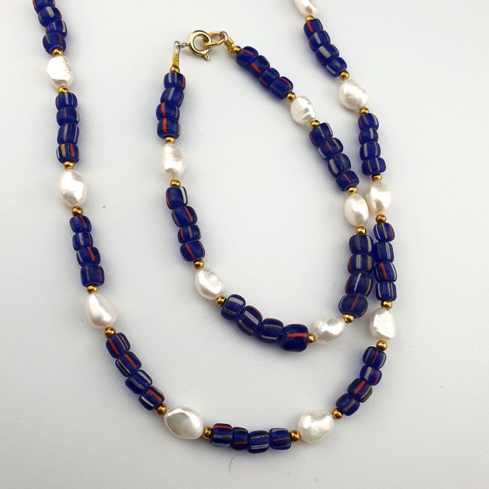 Freshwater Pearl & Blue Glass Beaded Necklace Bracelet Set: .925 Silver