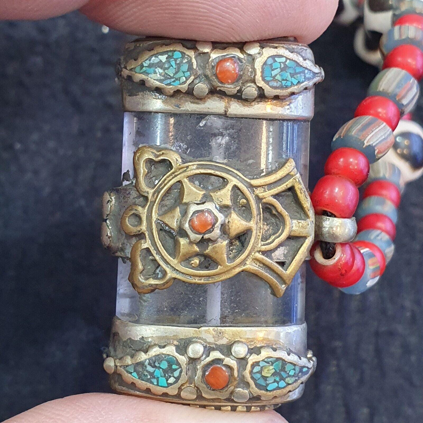 Antique Tibetan Quartz Pendant Necklace: Agate & Turquoise Beads