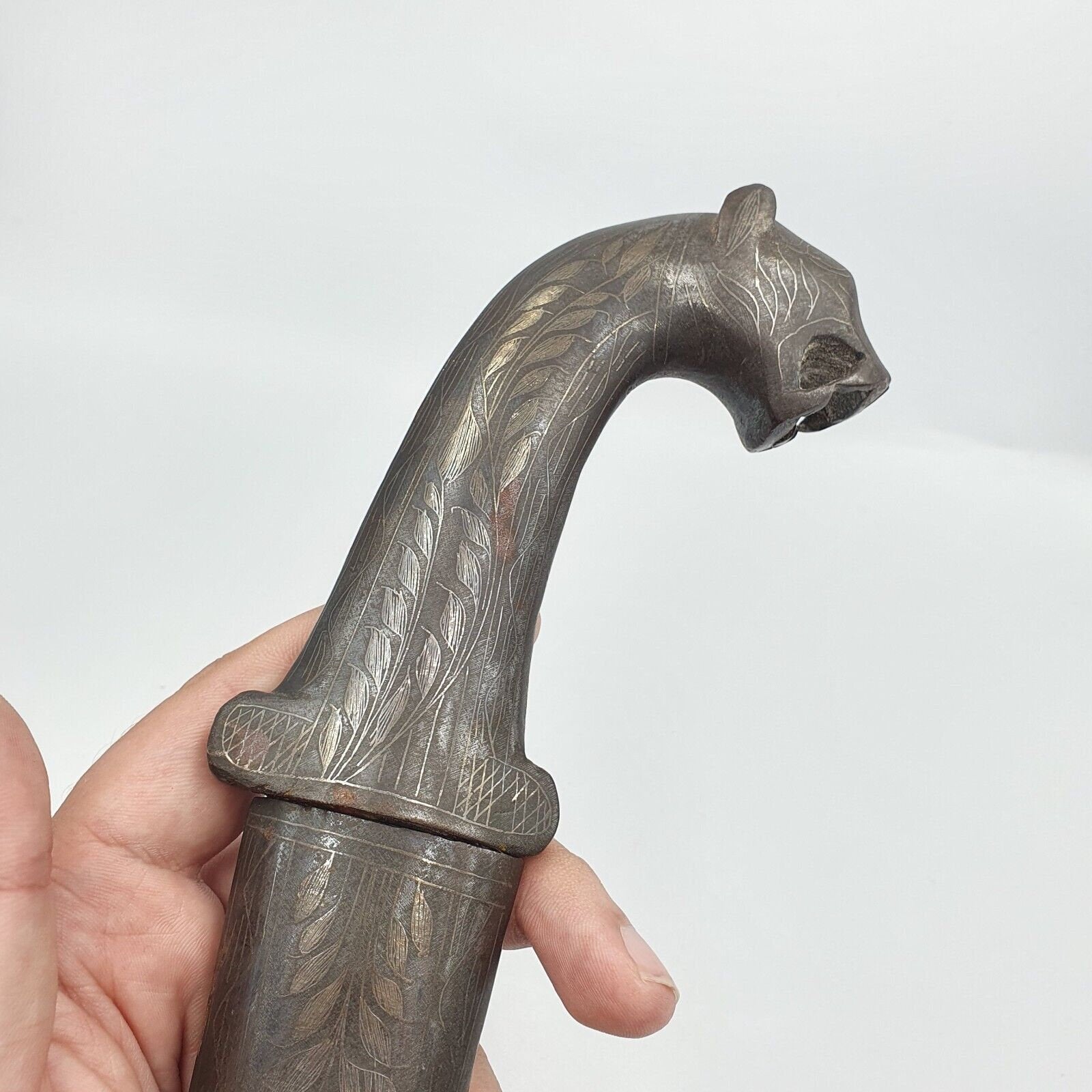 Antique persian silver inlay dagger vintage lion -head handle with sheath