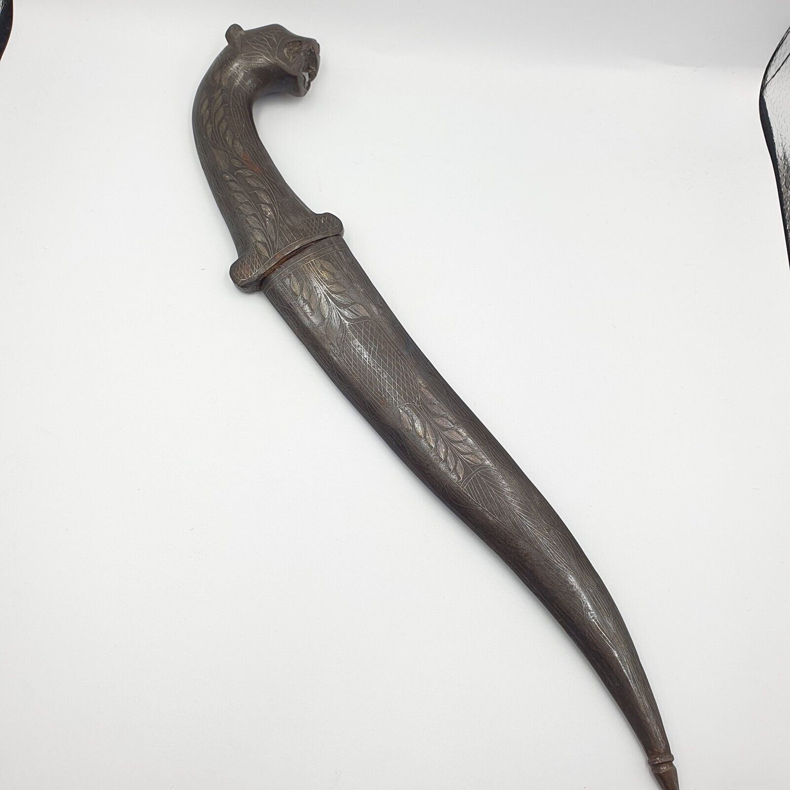 Antique persian silver inlay dagger vintage lion -head handle with sheath