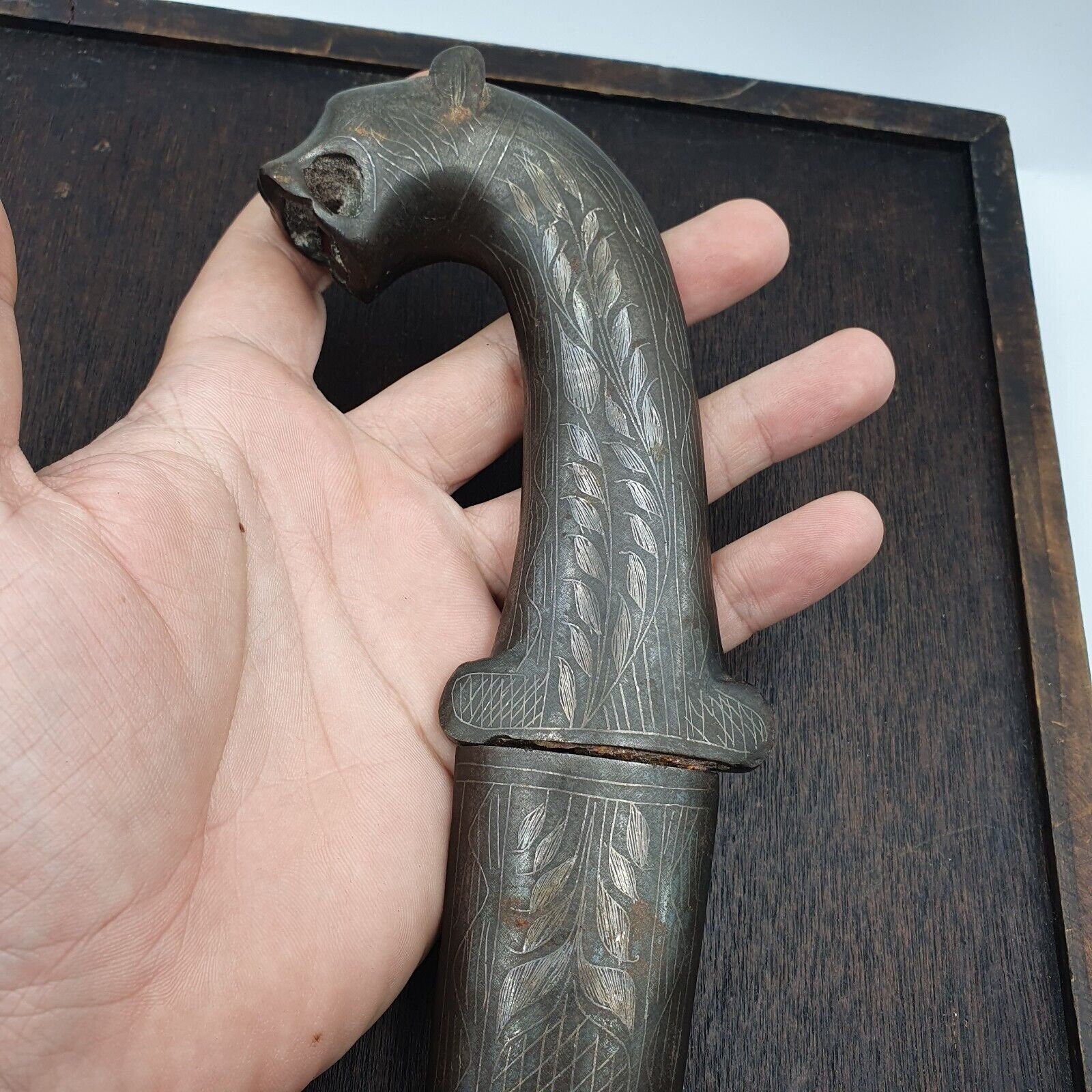 Antique persian silver inlay dagger vintage lion -head handle with sheath