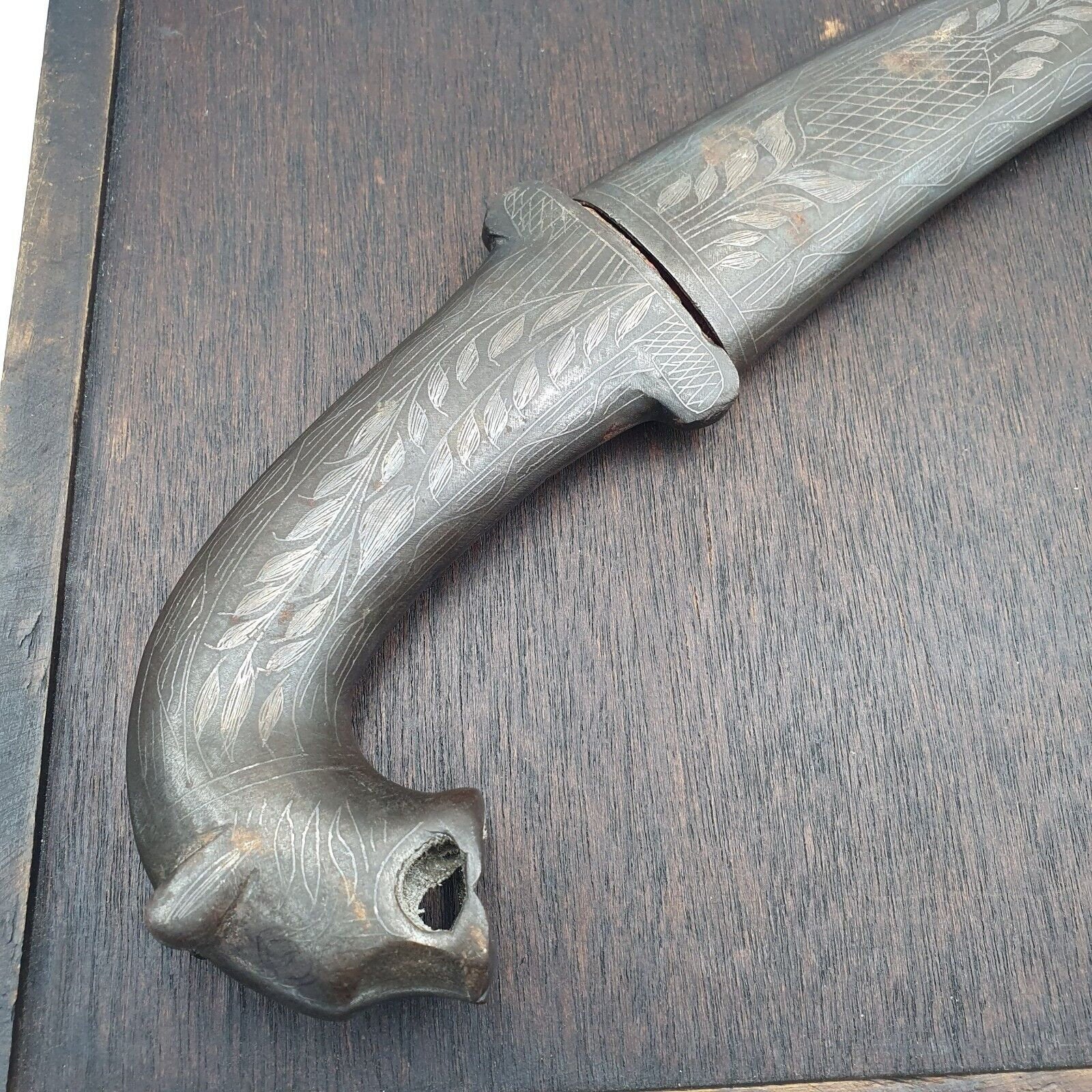 Antique persian silver inlay dagger vintage lion -head handle with sheath