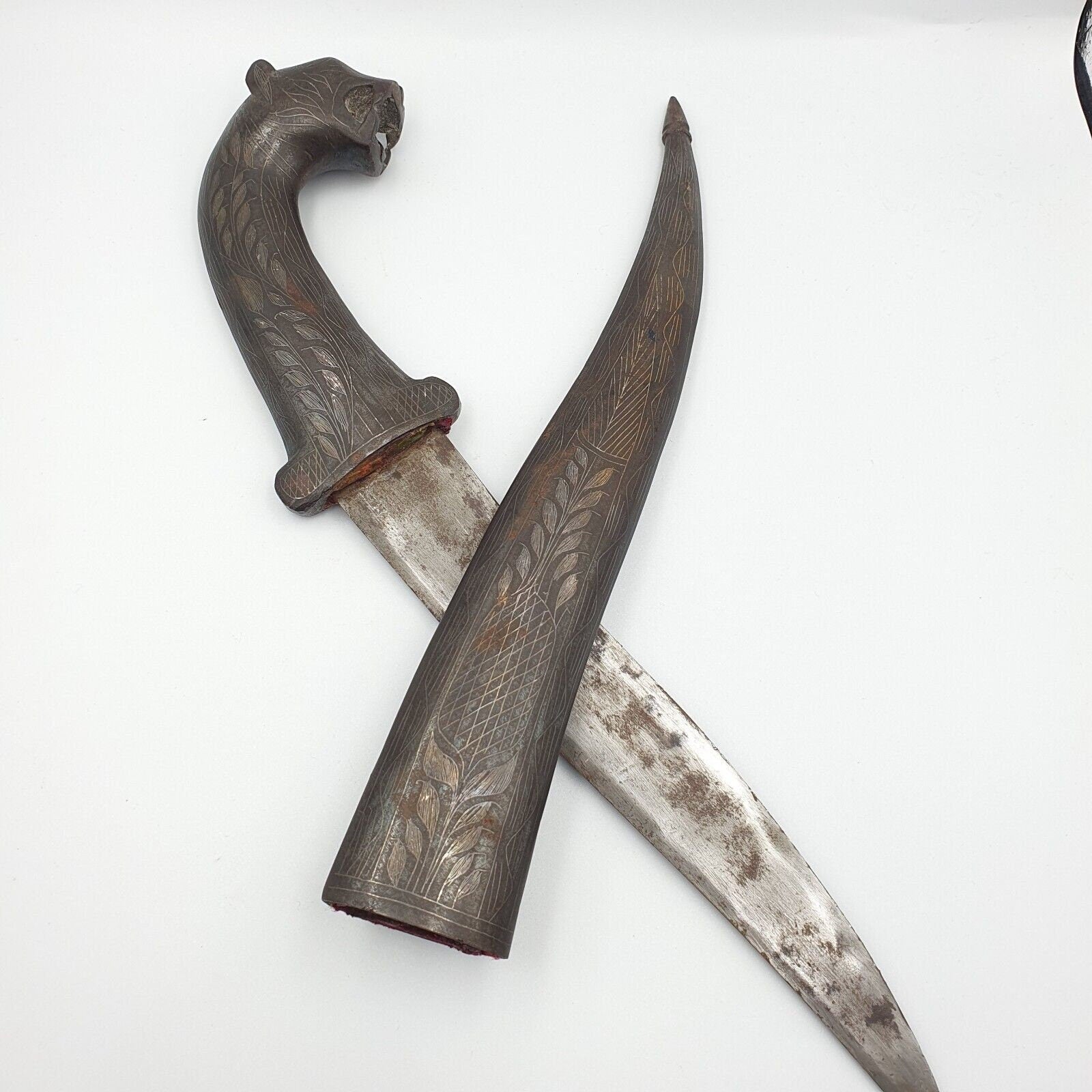 Antique persian silver inlay dagger vintage lion -head handle with sheath