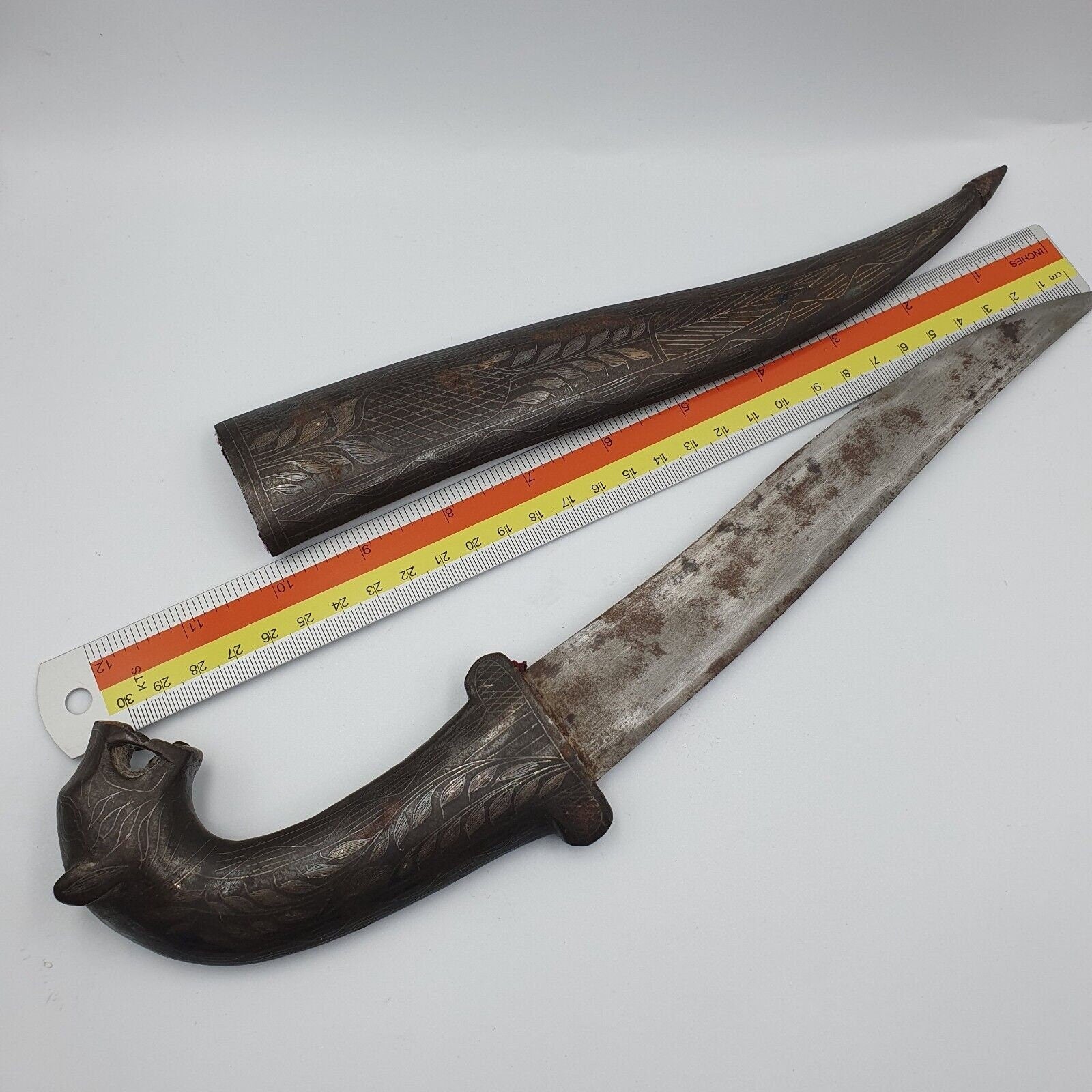 Antique persian silver inlay dagger vintage lion -head handle with sheath