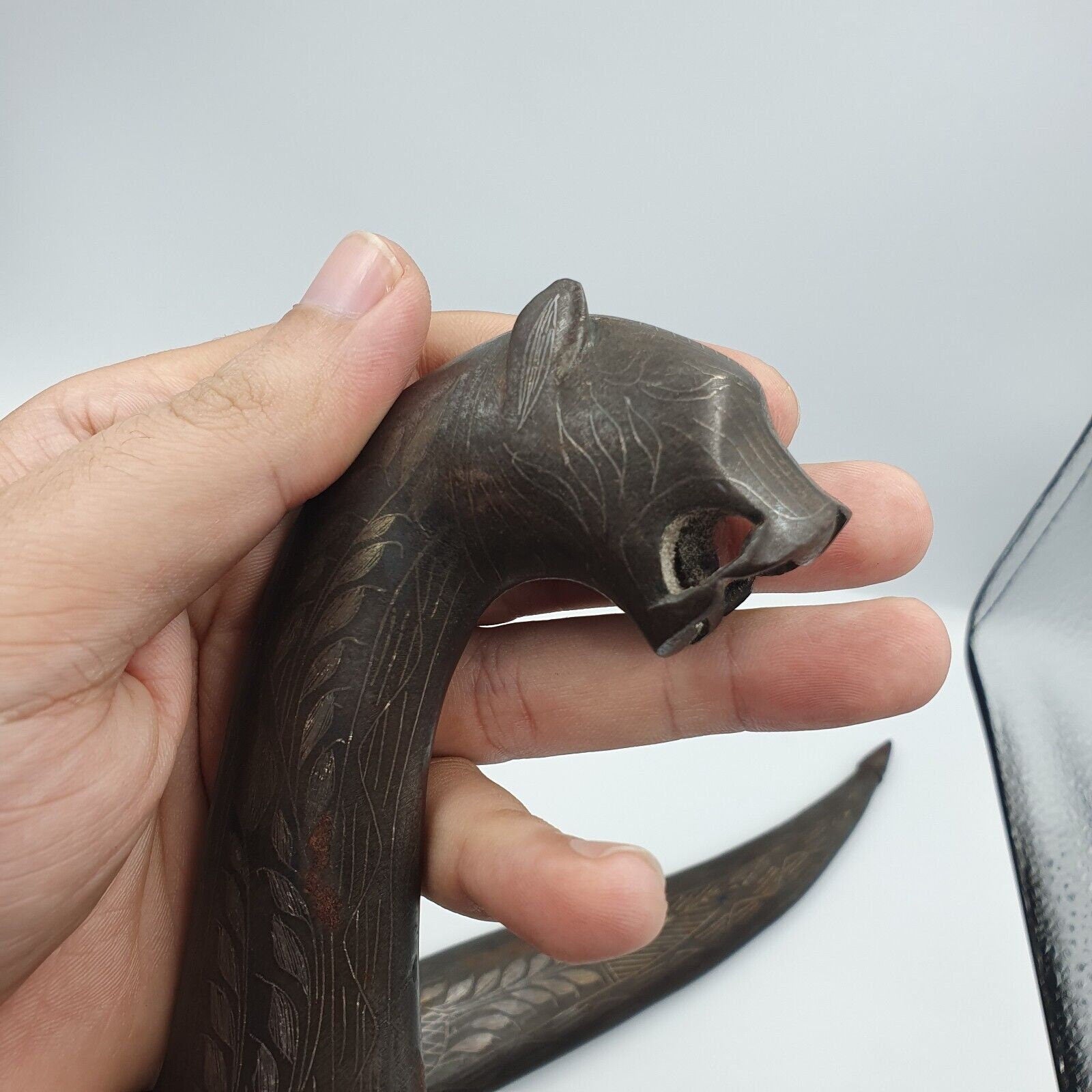 Antique persian silver inlay dagger vintage lion -head handle with sheath