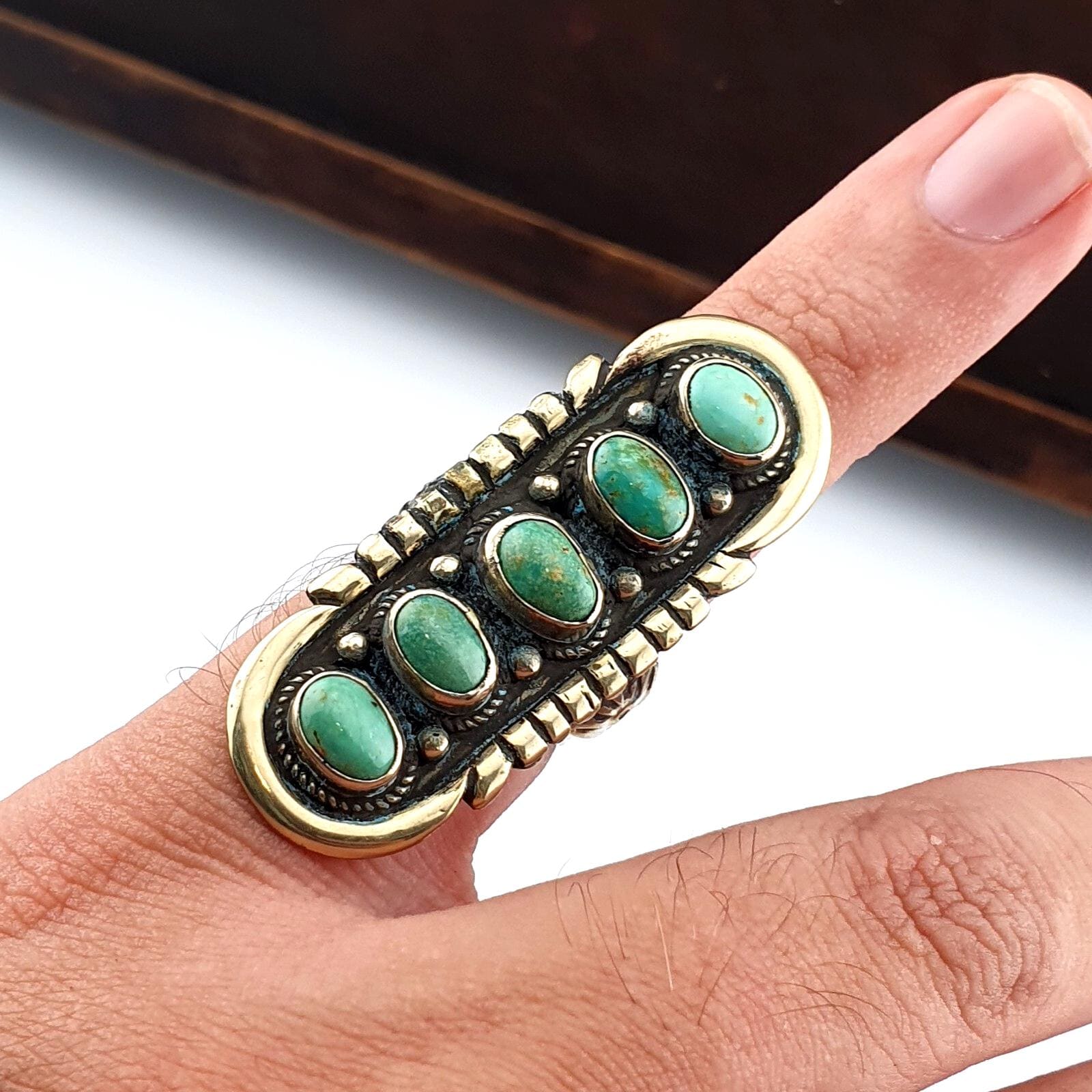 Vintage Arizona Green Turquoise Ring: Adjustable Brass Band, USA Made