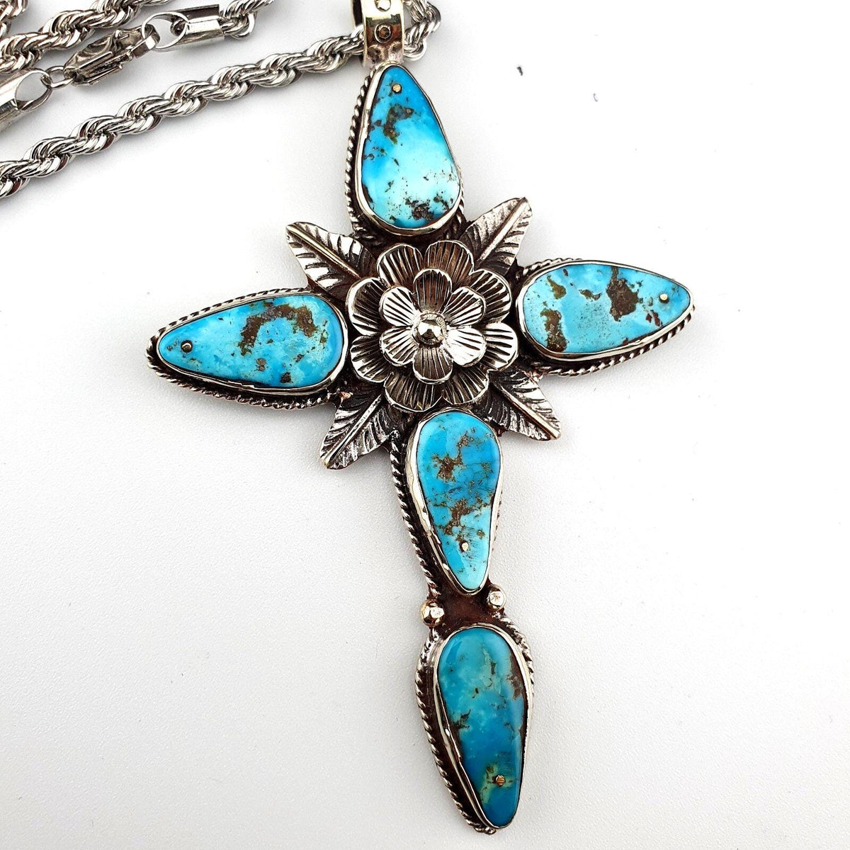 Turquoise Cross Pendant Necklace: Silver Finish Christian Jewelry