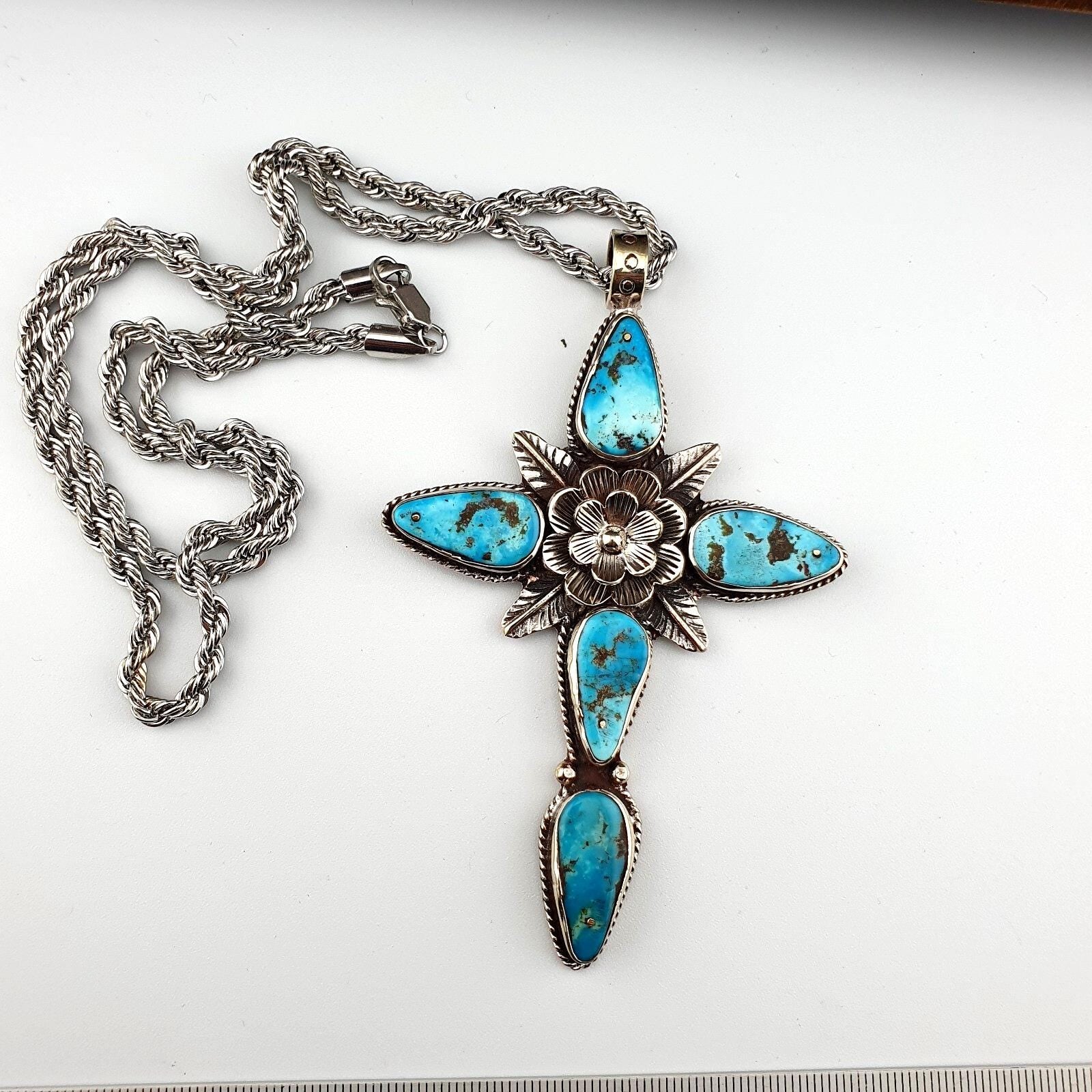 Turquoise Cross Pendant Necklace: Silver Finish Christian Jewelry