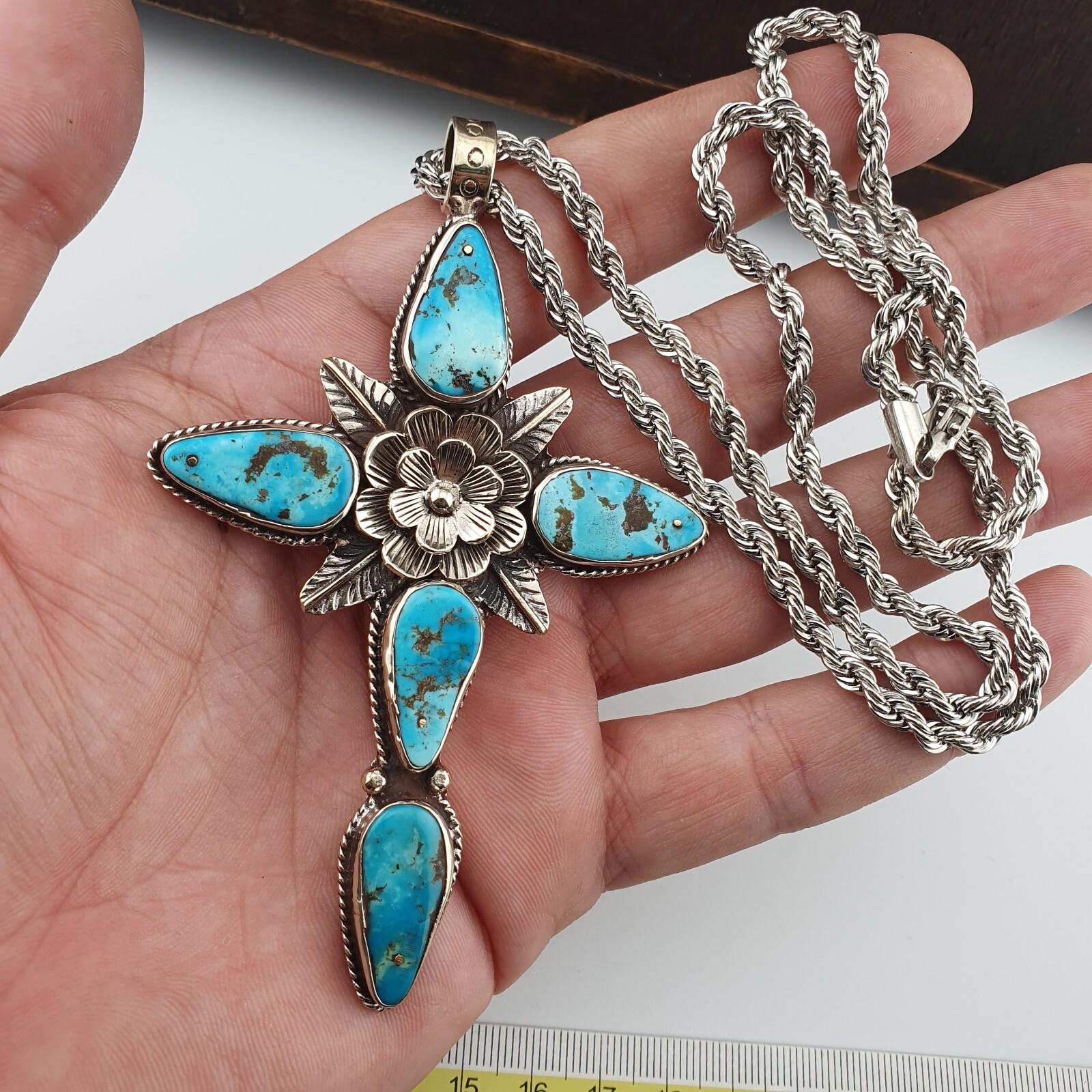 Turquoise Cross Pendant Necklace: Silver Finish Christian Jewelry