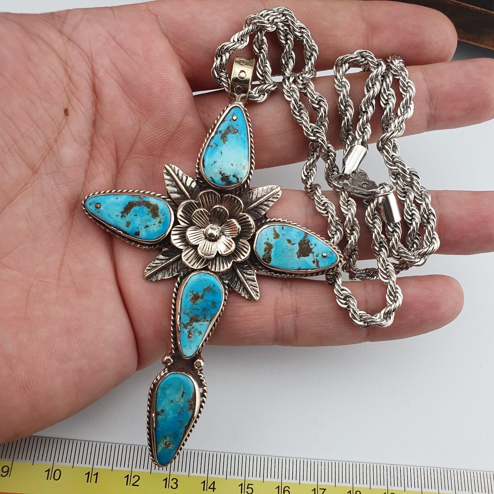 Turquoise Cross Pendant Necklace: Silver Finish Christian Jewelry