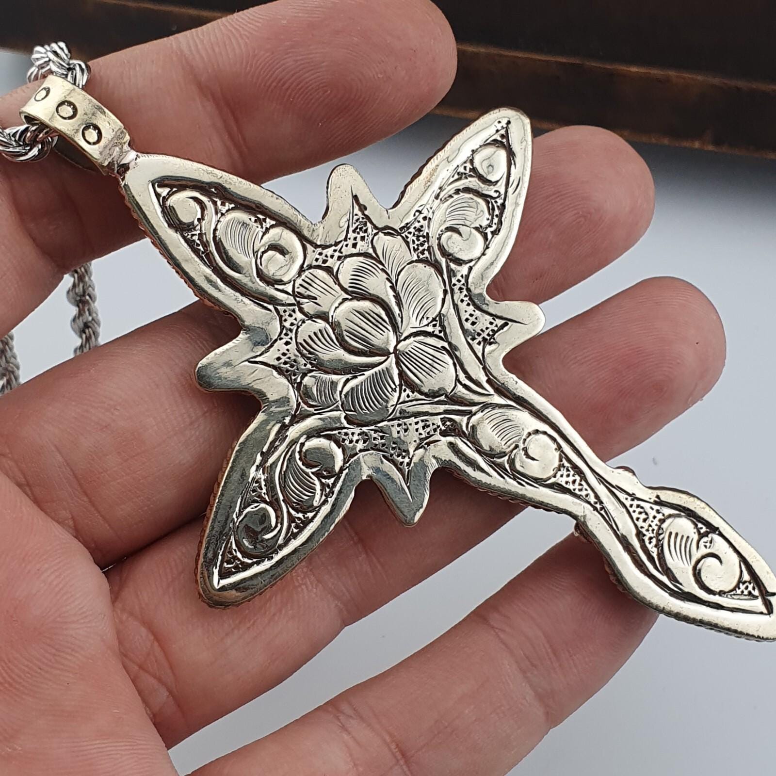 Turquoise Cross Pendant Necklace: Silver Finish Christian Jewelry