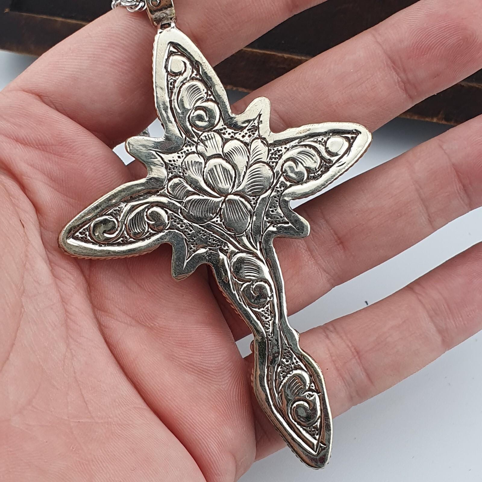 Turquoise Cross Pendant Necklace: Silver Finish Christian Jewelry