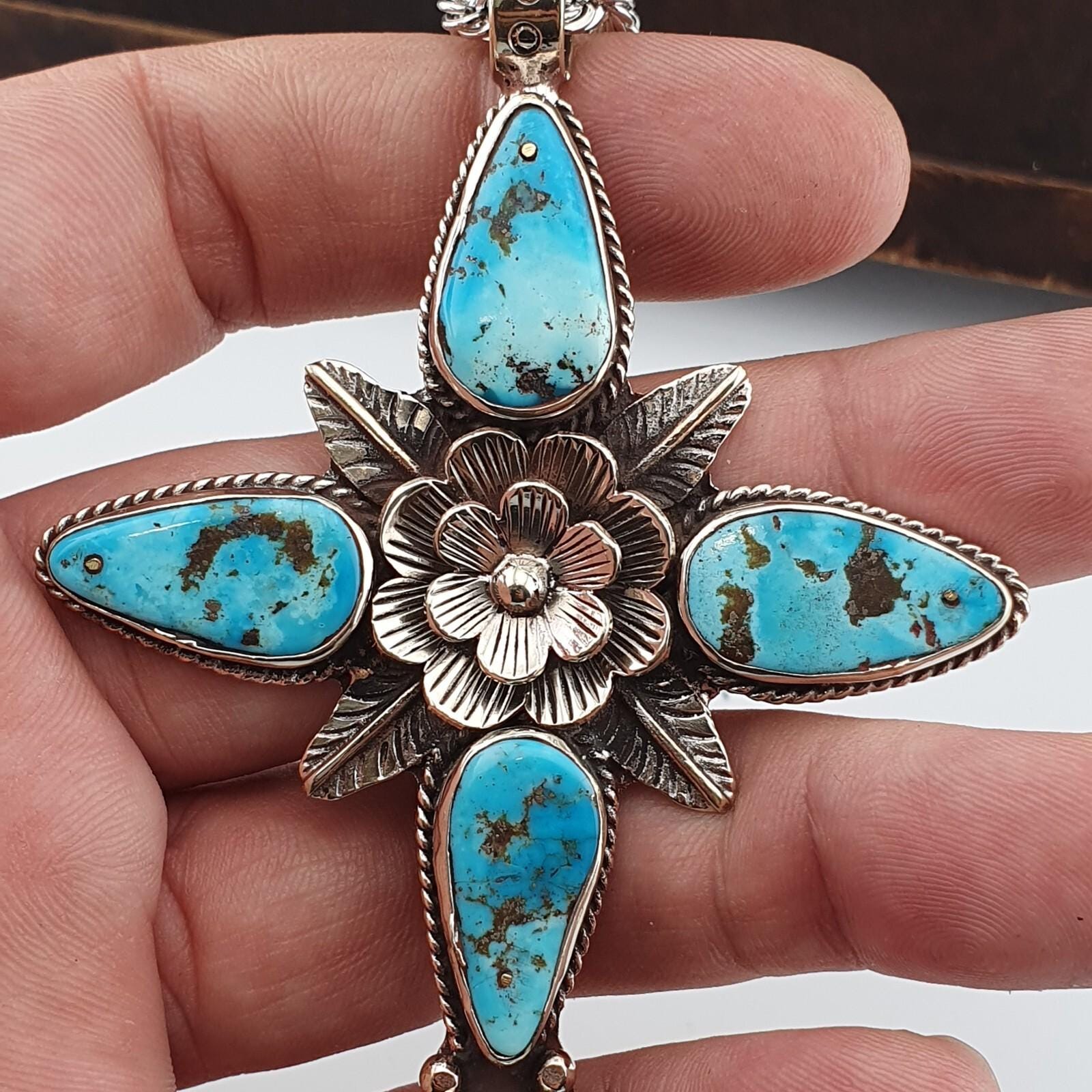 Turquoise Cross Pendant Necklace: Silver Finish Christian Jewelry