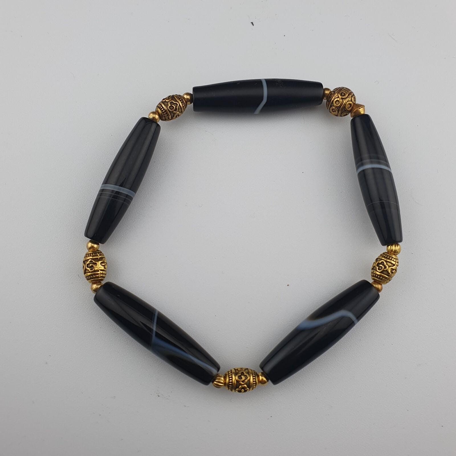 Antique old yemeni agate natural white 1 line black gate beaded bracelet