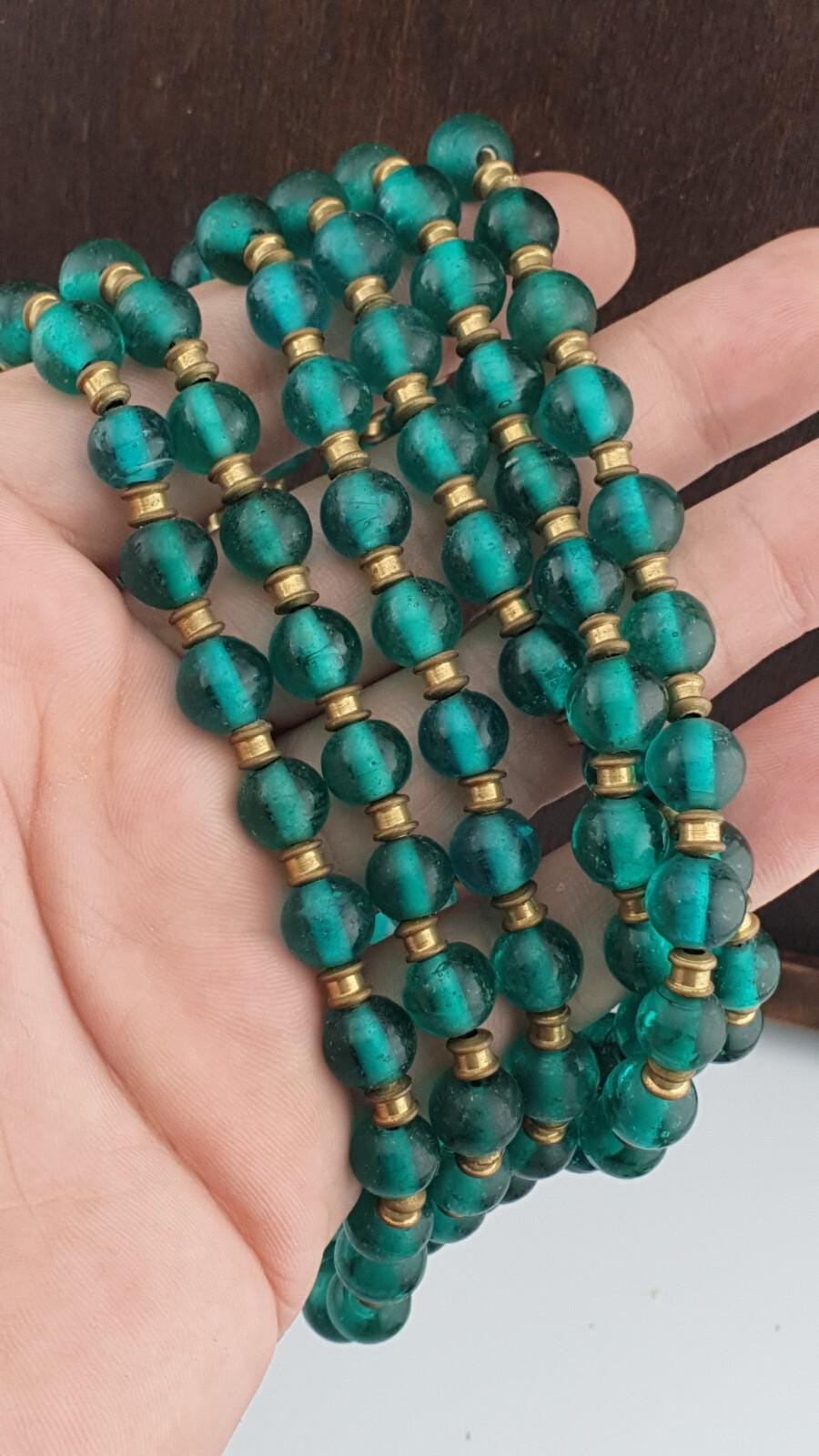 Antique Style Green Glass Bead Necklace: African 9mm Beads