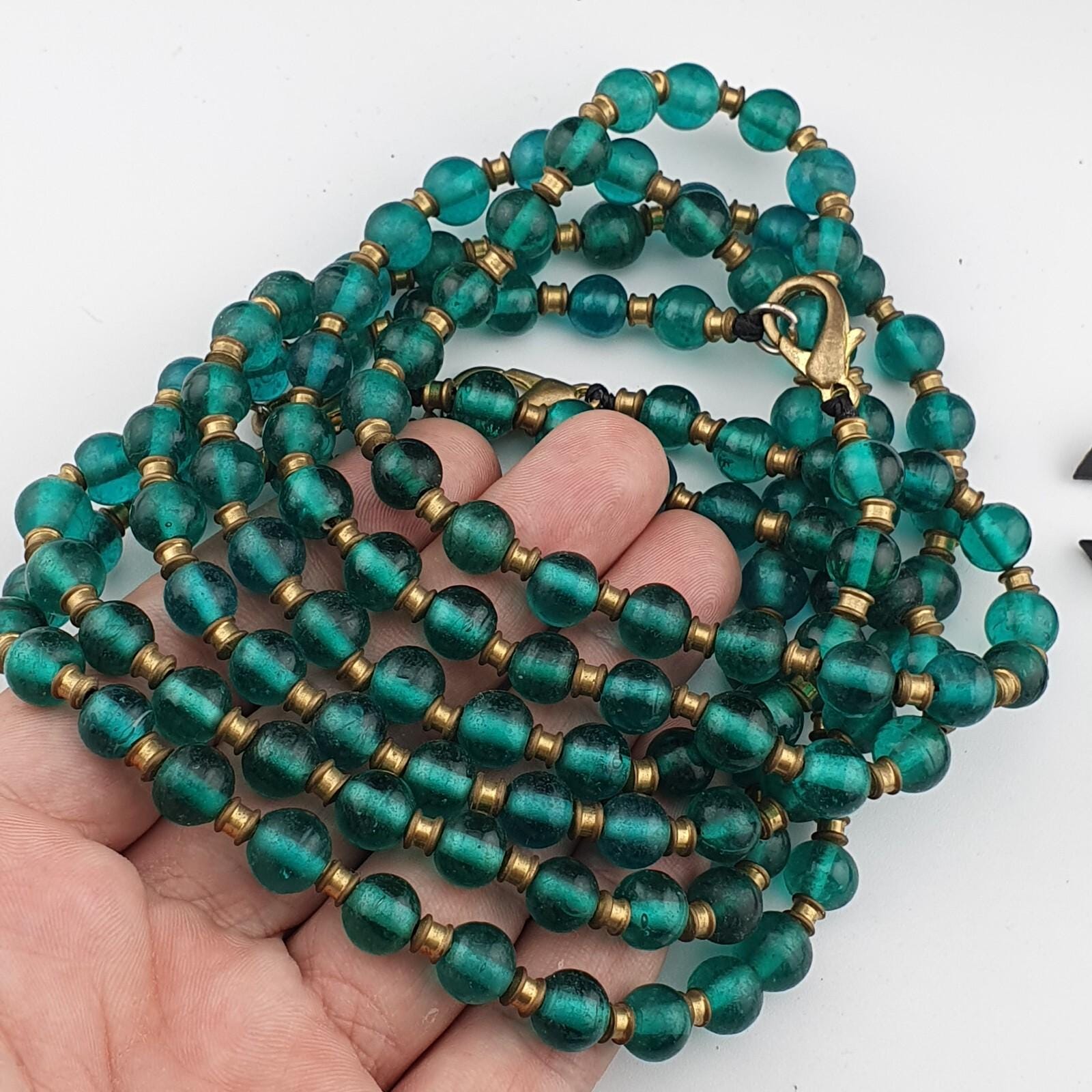 Antique Style Green Glass Bead Necklace: African 9mm Beads