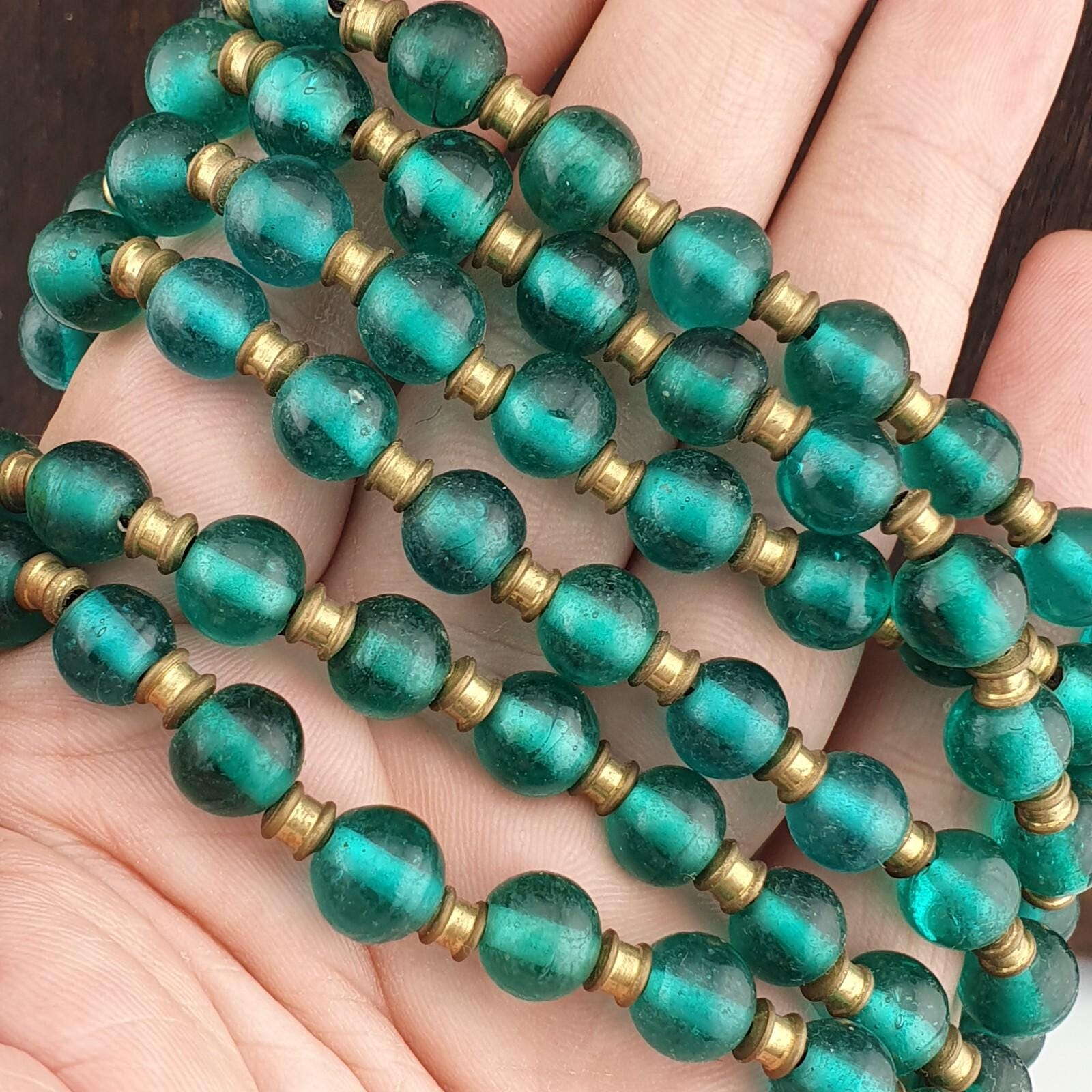 Antique Style Green Glass Bead Necklace: African 9mm Beads