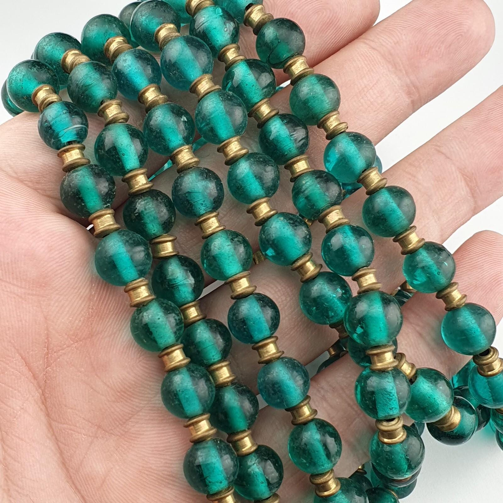 Antique Style Green Glass Bead Necklace: African 9mm Beads