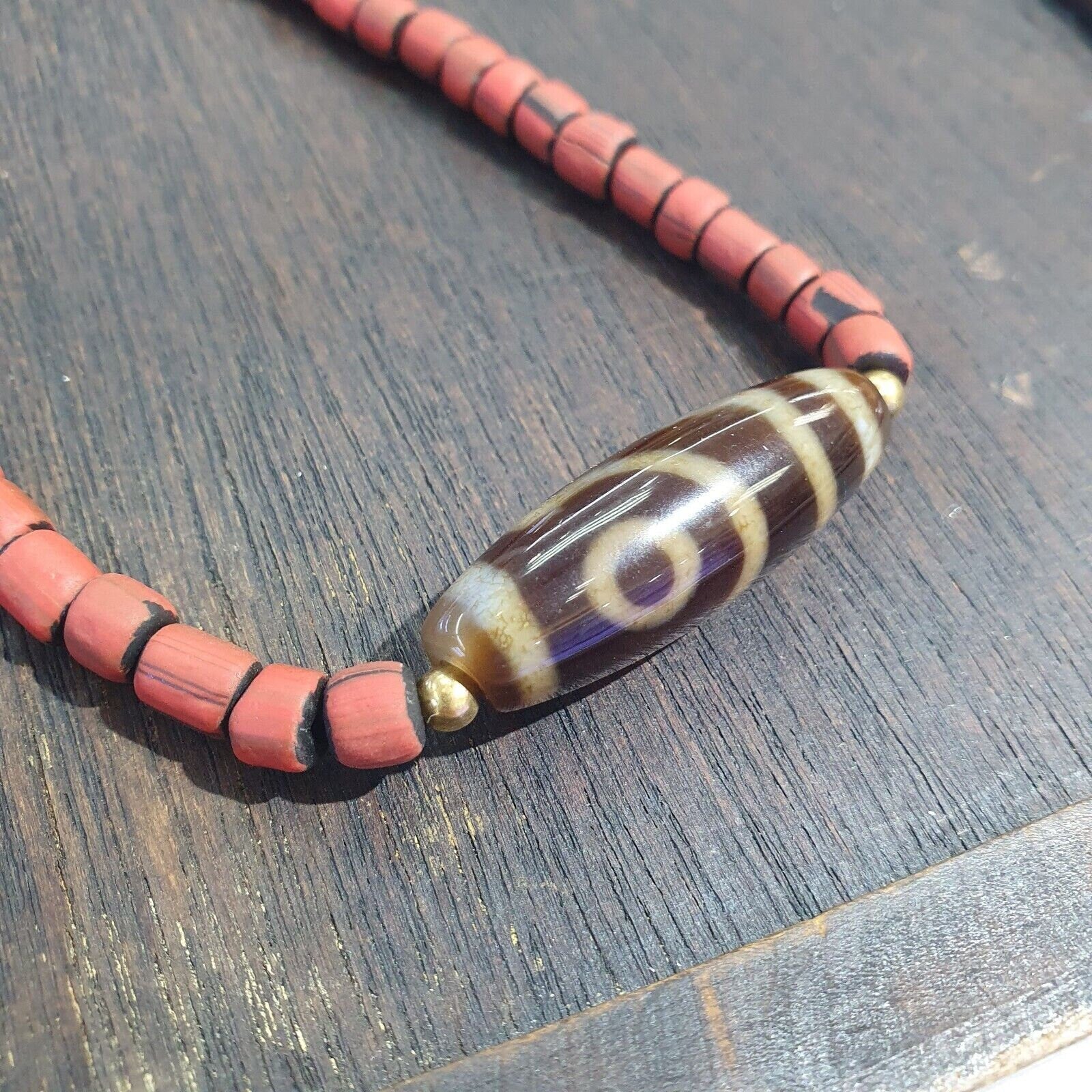 Vintage agate 2 eyes bead tibet himalayan dzi pendant necklace