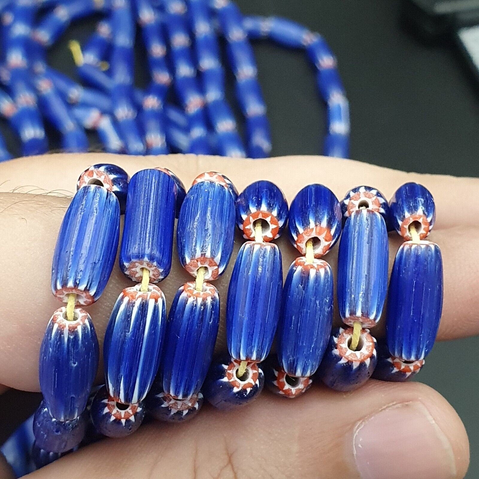 3 long strands vintage blue chevron beads venetian african style 13mmx6mm beads