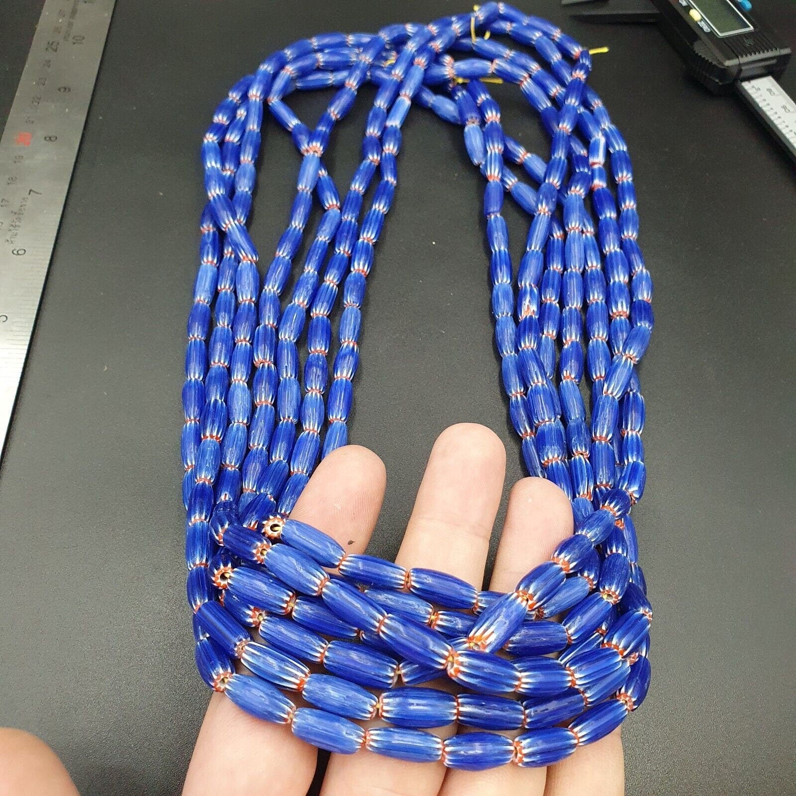 3 long strands vintage blue chevron beads venetian african style 13mmx6mm beads