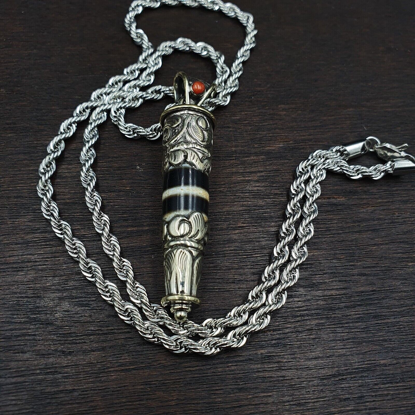 Rare 2 stripes tibetan silver nepalese agate bead dzi pendant necklace