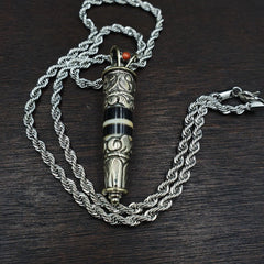 Rare 2 stripes tibetan silver nepalese agate bead dzi pendant necklace
