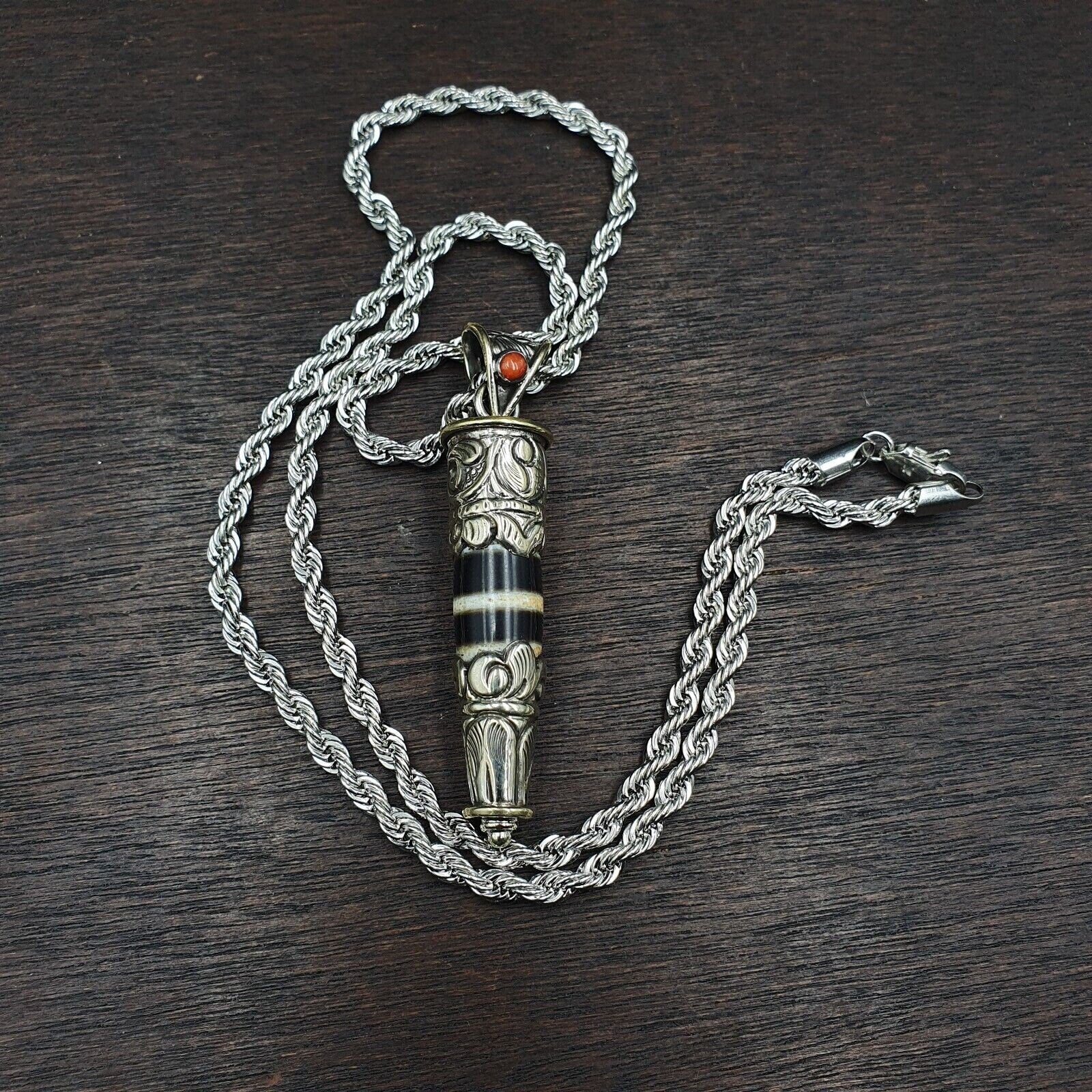 Rare 2 stripes tibetan silver nepalese agate bead dzi pendant necklace