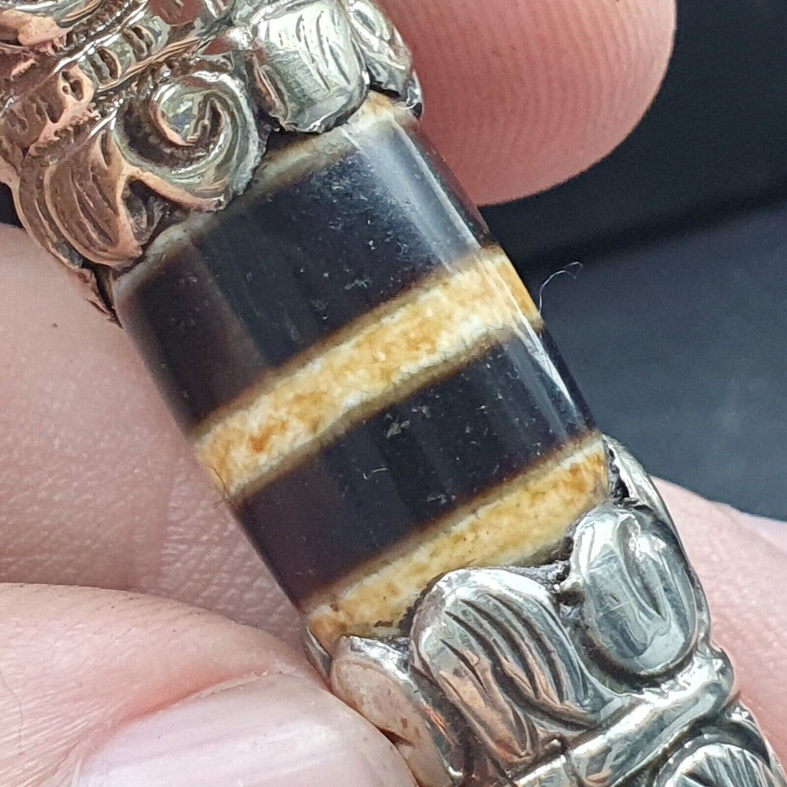 Rare 2 stripes tibetan silver nepalese agate bead dzi pendant necklace