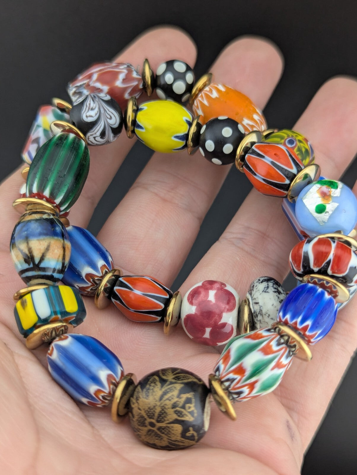 LOT 2 Venetian African Style floral and Chevron Glass Beads Bracelet